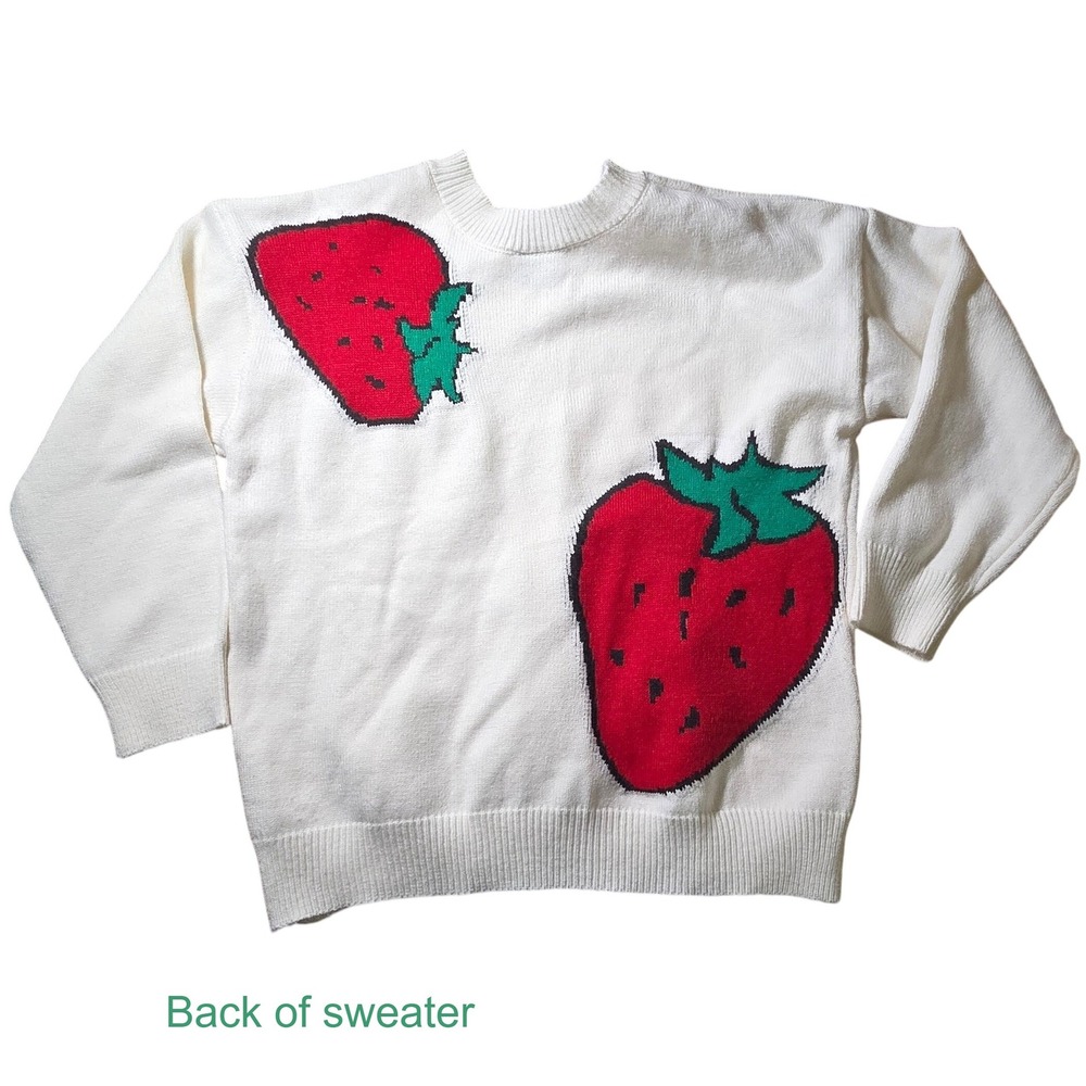 Cute White V Neck Strawberry Graphic Sweater Long Sleeve Knit Pullover Top S Mez